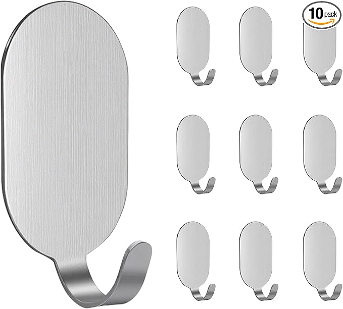 Stainless Steel Hooks, 10 Pcs Command Hooks Wall Mount Hanger, Drill Free No Damage, 11 Lbs Capacity, Silver
