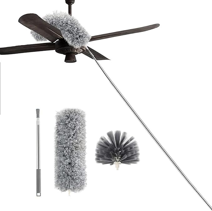 Cobweb Duster with Extension Pole, Ceiling Cobweb Cleaner Kit with 2 Duster Heads, 15-100 Inch Telescopic Microfiber Cleaning Duster, Corner Dusting Tool for High Walls, Fans, Blinds Gray