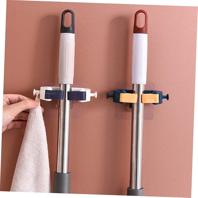 VOSAREA 2pcs Punch Mop Holder and Broom Organizer Wall Mounted Cleaning Tools Rack for Bathroom and Home Space-saving Design for Rakes Mops and Brooms White