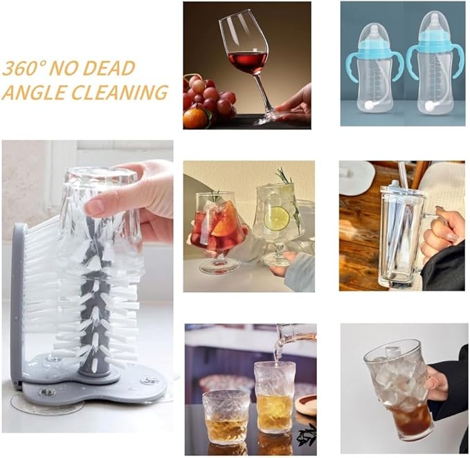 Bar Glass Washer Glass Cleaning Brush with Suction Base 360-Degree Triple Head Design Bottle and Cup Scrubber for Kitchen Sink (Light Gray)