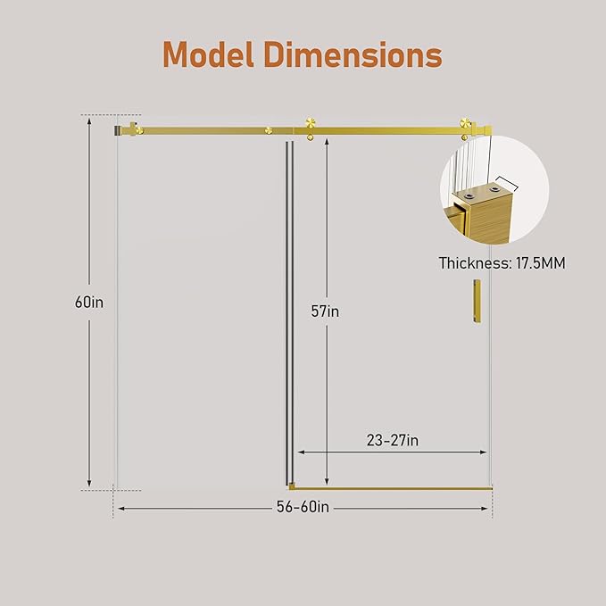 56-60 Inch Frameless Sliding Shower Door, 60" Height, 5/16" (8mm) Clear Tempered Glass Bathtub Door, Smooth Gliding Track & Anti-Jumping System, Stainless Steel Brushed Gold Finish