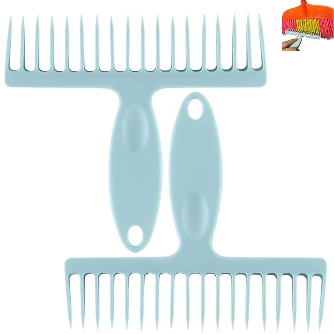 2 Pcs Broom Comb Hair Removal Comb Cleaning Brush with Hanging Hole Cleaning Tool for Floor Bathroom Sewer Hair Collectors, Blue