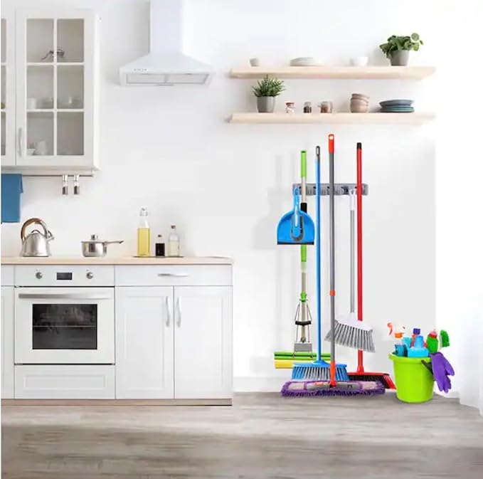 Wall Mounted Broom and Mop Holder, 16 Inch Plastic Organizer, 6 Foldable Hooks, 5 Secure Slots, Holds 11 Cleaning Items for Garage and Home, Gray. (1)