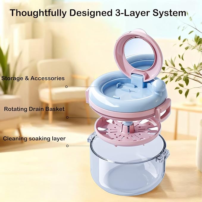 Denture Bath Cup，Retainer Cleaner Case Box,Night Mouth Guard Case Holder,Storage Soak Container with Drain Tray for Travel Cleaning with Mirror and Brush (Pink&Blue)