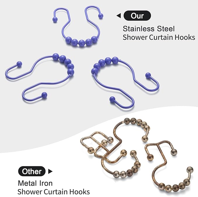 Goowin Shower Curtain Hooks, 12 Pcs Shower Curtain Rings, Stainless Steel Shower Curtain Hangers, Double Hook Shower Curtain Hooks, Smooth Sliding Anti-Drop Shower Rings for Curtain (Purple)