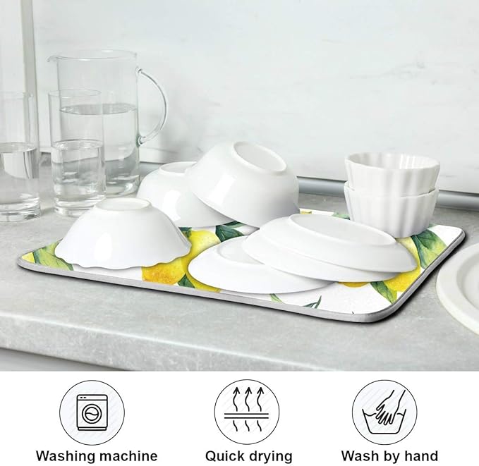 Tropical Lemon Leaves Dish Drying Mat 16x18 for Kitchen Lemon Yellow Lime Tree Dishes Pad Dish Drainer Rack Mats Absorbent Fast Dry Kitchen Accessories