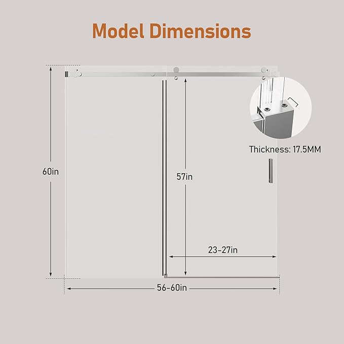 56-60 Inch Frameless Sliding Shower Door, 60" Height, 5/16" (8mm) Clear Tempered Glass Bathtub Door, Smooth Gliding Track & Anti-Jumping System, Stainless Steel Chrome Finish