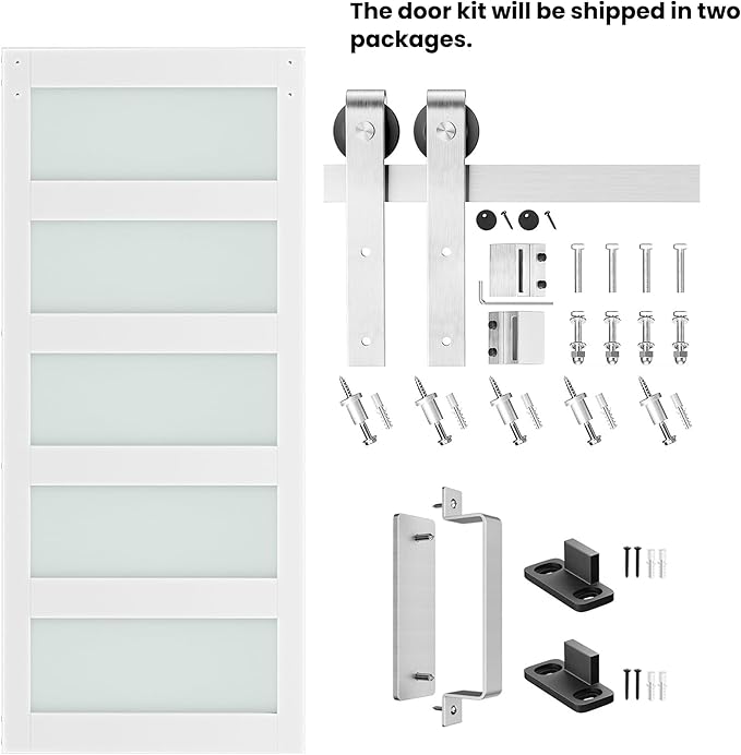 36'' x 84'' Glass Barn Door and 6.6 Ft Brushed Nickel Hardware Kit Included, MDF White Barn Door Slab with Frosted Glass, PVC Surface, Combined with Handle and Floor Guide-Assembly Required