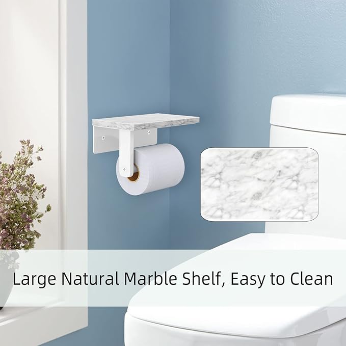 Toilet Paper Holder with Natural Marble Shelf, 304 Stainless Steel Screw Wall Mounted, Tissue Roll Paper Holder Dispenser for Bathroom Washroom White