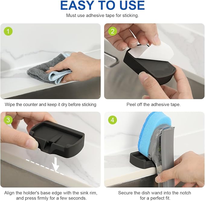 LANMU Self-Adhesive Dish Wand Holder Compatible with Scotch Brite Dishwand, Silicone Dish Brush Holder for Kitchen Sink Caddy, Soap Wand Organizer with Drain Spout (Black)