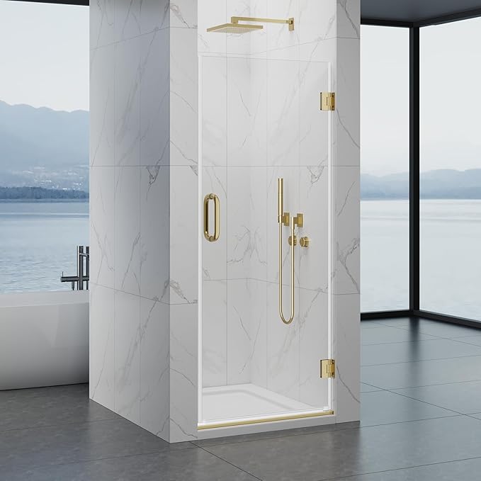 Framelss Hinged Shower Door, 30" W x 76" H Single Swing Shower Door, 3/8" (10mm) Tempered Glass with Nano Coating, 304 Stainless Handle, Glass Door for Walk-in Shower - L02-30 (Brushed Gold)