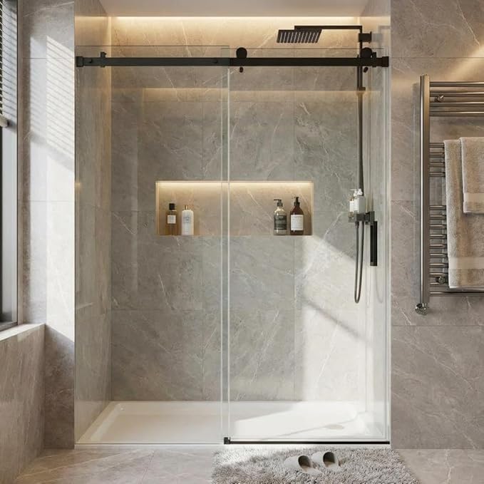 44-48" W x 76" H Sliding Shower Door, 1/4 Inch (6mm) Clear Tempered Glass, Matte Black Square Rail, Space-Saving Design for Modern Bathrooms