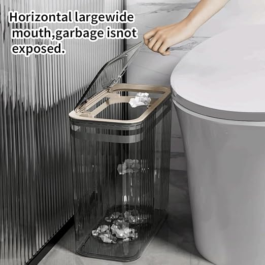 Bathroom Trash Can with Lid3.5 Gallon Garbage Can，for Bedroom, Office, Plastic Slim Waste Basket with Press Top Lid, 15l Clear Trash Bin for Home Slim Trash Bin Clear, Kitchen(Gray)