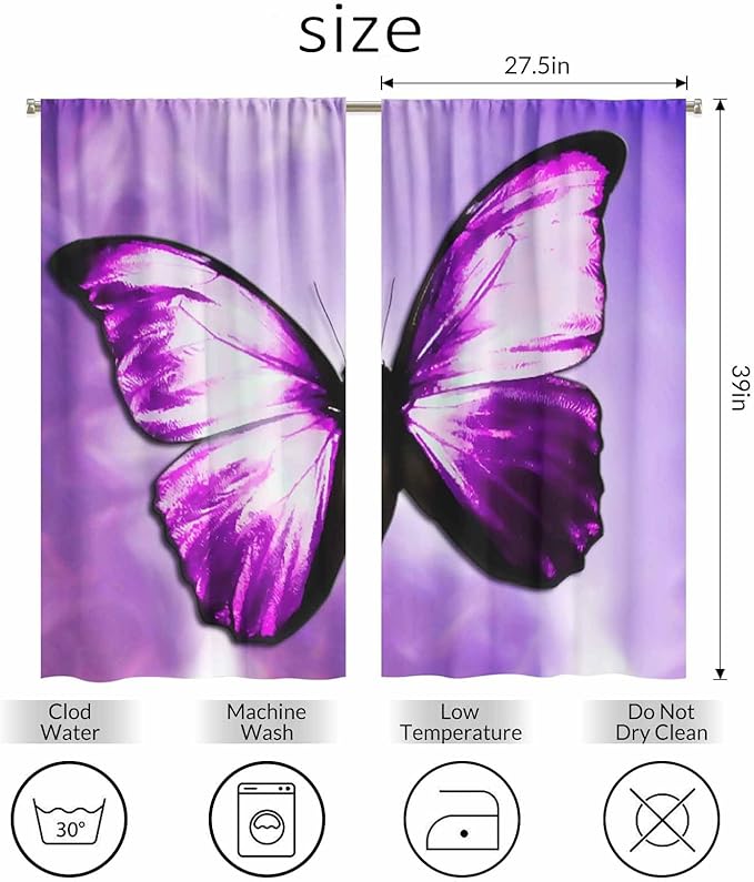 Purple Butterfly Kitchen Curtains Magical Mystical Beautiful Butterfly Short Tier Curtains for Bathroom Cafe Small Window Drapes Treatment 2 Panels (27.5x39 Inch)