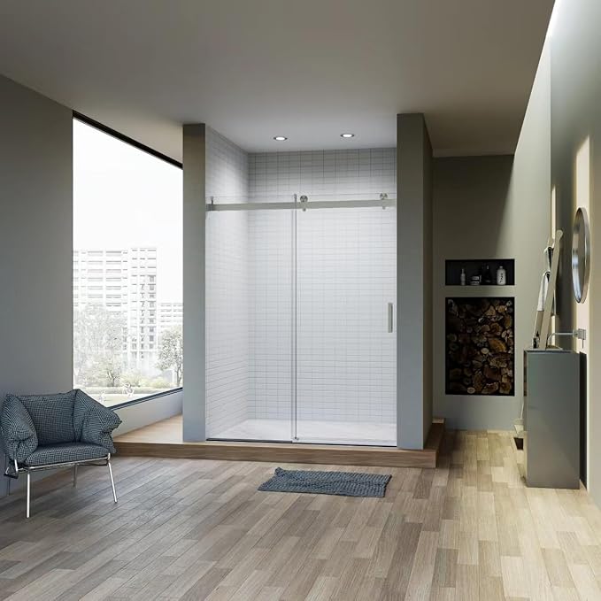 56-60" W x 76" H Frameless Single Sliding Glass Shower Doors Soft-Close with Buffer, Reversible Installation and 3/8"(10mm) ANSI Clear Tempered Glass, Brushed Nickel Finish