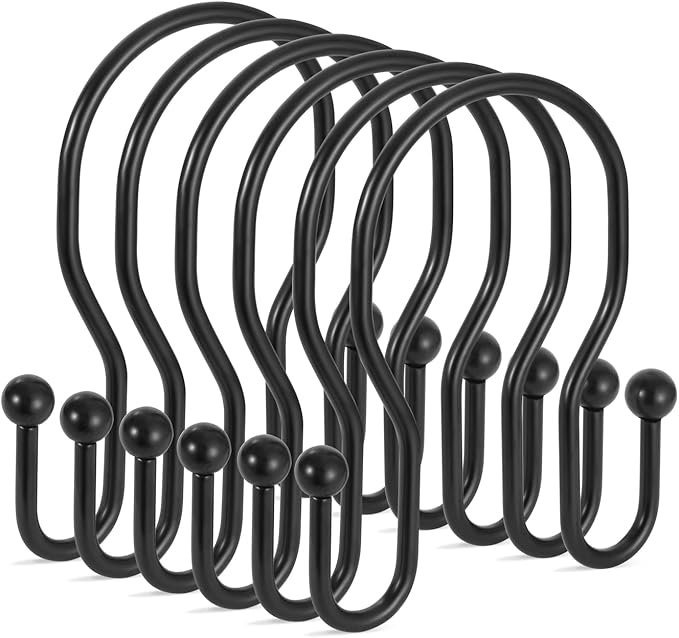 24 Pack Double Shower Curtain Hooks Rings, TENOVEL Double Sided Shower Curtain Hooks Rust Proof for Shower Curtain, Stainless Steel Bathroom Shower Hangers Rings for Shower Rods, Matte Black