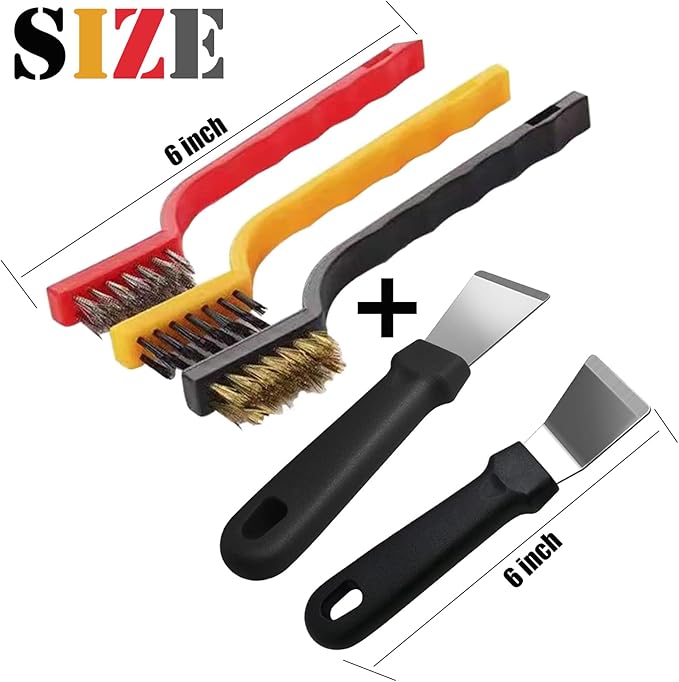 5Pcs Kitchen Stove Cleaning Brush + Scraper Tool Set, Brass, Stainless Steel and Nylon Brush Head Brushes for Range Hood Grease Grime, Heavy Duty Scraper for Gas Burners Cooktop Pot Pan
