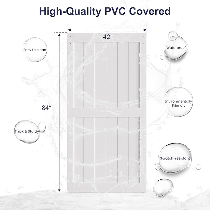 SmartStandard 42 x 84 inch White Sliding MDF Barn Door with 7FT Brushed Nickel Sliding Door Hardware Kit & Handle, Pre-Drilled Ready to Assemble, Waterproof PVC Coating, H-Frame
