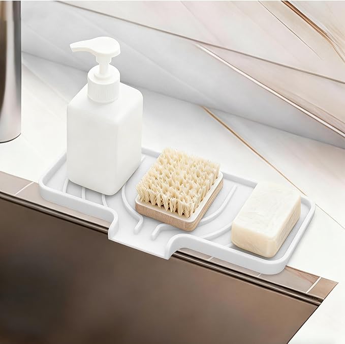 GUUKIN Sponge Holder for Kitchen Sink, 10x5 inch Silicone Dish Drying Mat, Compatible with Scrub Daddy, Kitchen Sink Accessories, Suitable for Kitchens & Bathrooms (White)