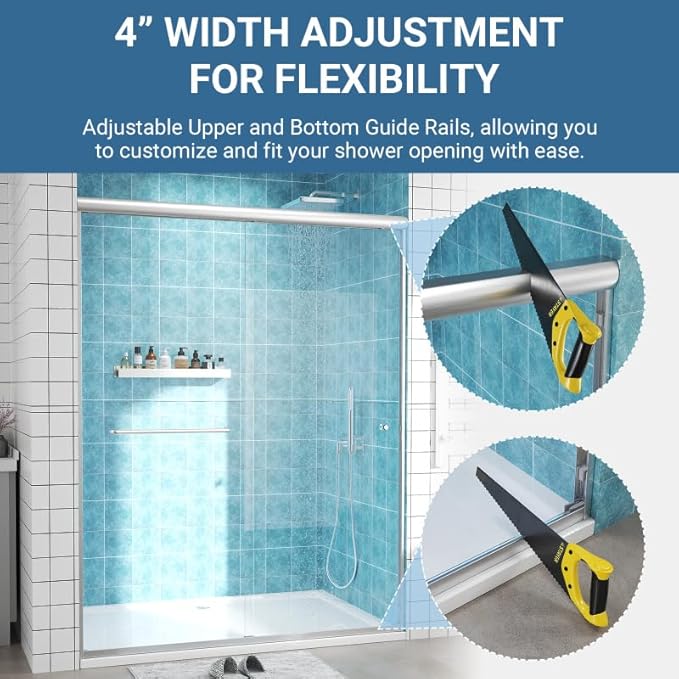 Glass Sliding Shower Door 56-60" W x 72" H, Semi Frameless Double Sliding Bathroom Shower Door, 1/4"(6mm) Clear Tempered Glass, Nano Easy Cleaning Coated, ANSI Cerified, Brushed Nickel