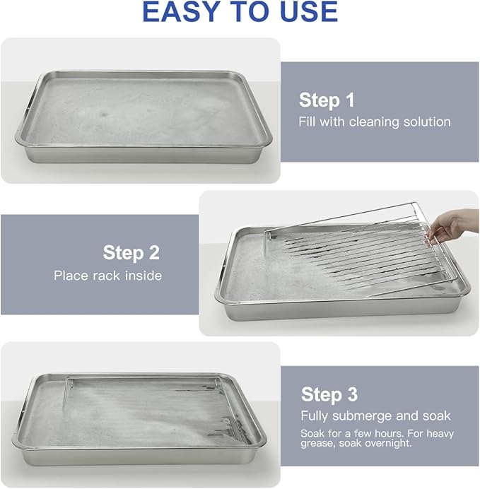 LANMU Stainless Steel Oven Rack Cleaning Tray, Large Capacity Soaking Tray for Grill Grates, BBQ Rack, Reusable & Leak-proof Oven Shelf Cleaning Tool