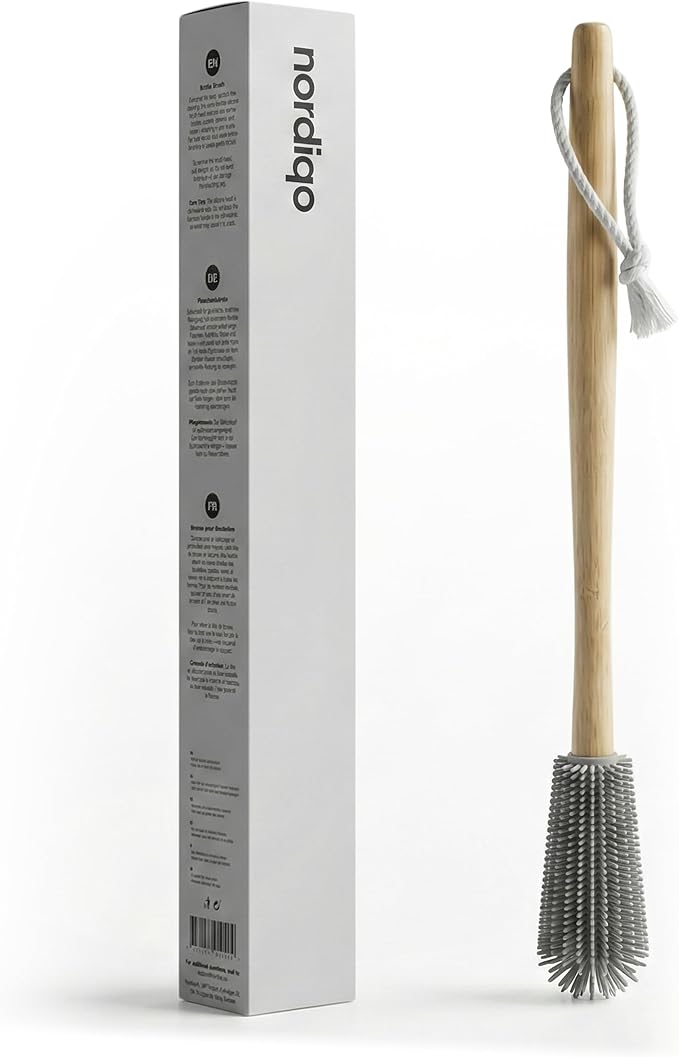Extra Long Bottle Brush – 16" Bamboo Handle & Flexible Hygienic Silicone Head – Compatible with Sodastream (Not Aqua Fizz), Aarke Plastic Bottles, Vases, Tumblers | BPA Free | Scratch-Free