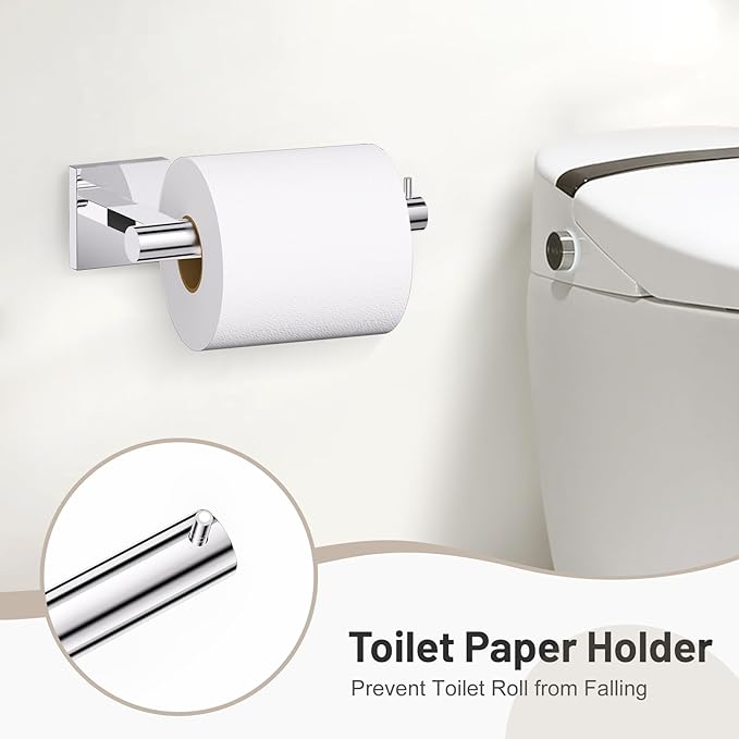 Towel Ring Set 4 Piece Bathroom Hardware Set Includes Towel Ring 2 Towel Hooks and Toilet Paper Holder Stainless Steel Wall Mounted (Polished Chrome)