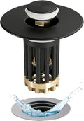 3 in 1 Pop Up Bathroom Sink Stopper, Bathroom Sink Drain Strainer, with Removable Basket Hair Catcher, Universal Sink Plug Cover for 1.06 in to 1.6 in Drain, Matte Black