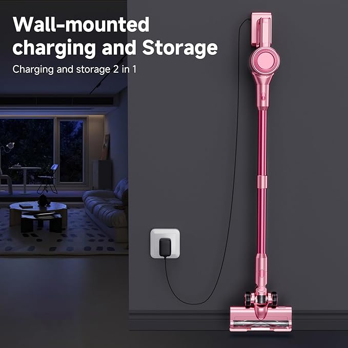 Cordless Vacuum Cleaner, 8 in 1 40Kpa 55Mins,Lightweight Vacuum Cleaners for Home, Stick Vacuum with Anti-Tangle Brush,Wall Mount, Rechargeable Cordless Vacuum for Floor/Sofa/Pet Hair,Pink