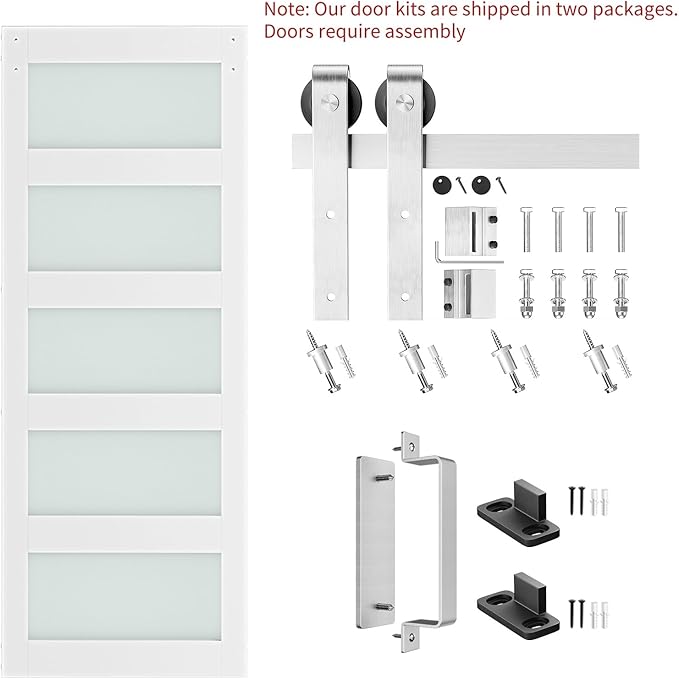 SmartStandard 30 x 84 inch Glass Barn Door with 5FT Brushed Nickel Sliding Hardware Kit & Handle, Pre-Drilled Ready to Assemble, Waterproof PVC Coating, White, 5-Panel Glass