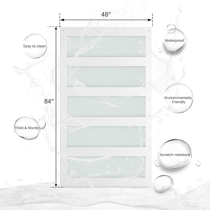 SmartStandard 48 x 84 in Glass Barn Door with 8FT Sliding Hardware Kit & Handle, Pre-Drilled Ready to Assemble, Waterproof PVC Coating, White, 5-Panel Glass