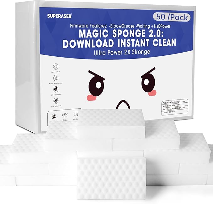 Magic Sponge Bulk 50 Pack, Textured MEGA-50 | Long Lasting Value Supply for Heavy-Duty Cleaning | All-Purpose Melamine Foam Pads
