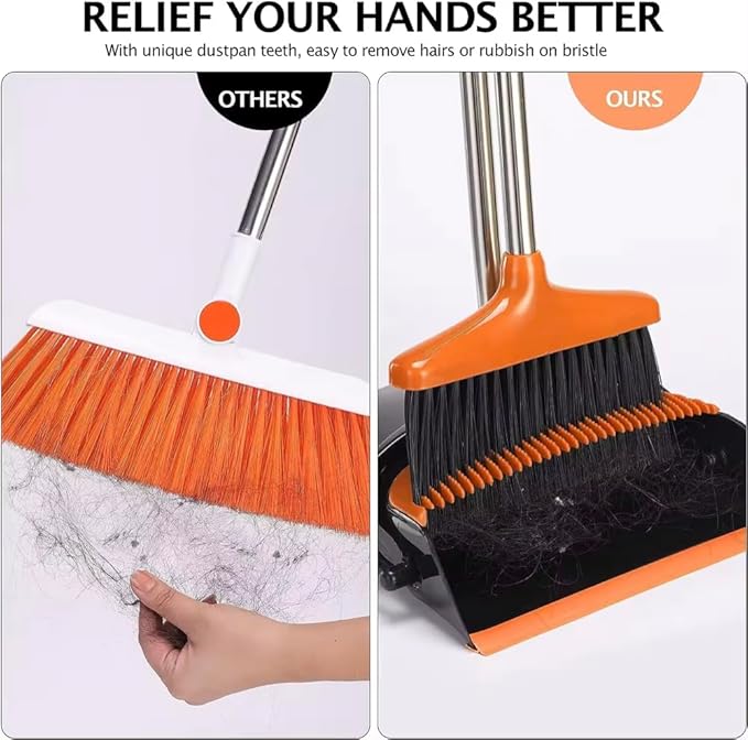 ECO CREST-Mini Dust Pan and Broom Set Long Handle Sweeping Set PP PET Black & Orange Broom Height 124cm Dustpan Height 122cm Upright Standing Cleaning Tools for Home & Office