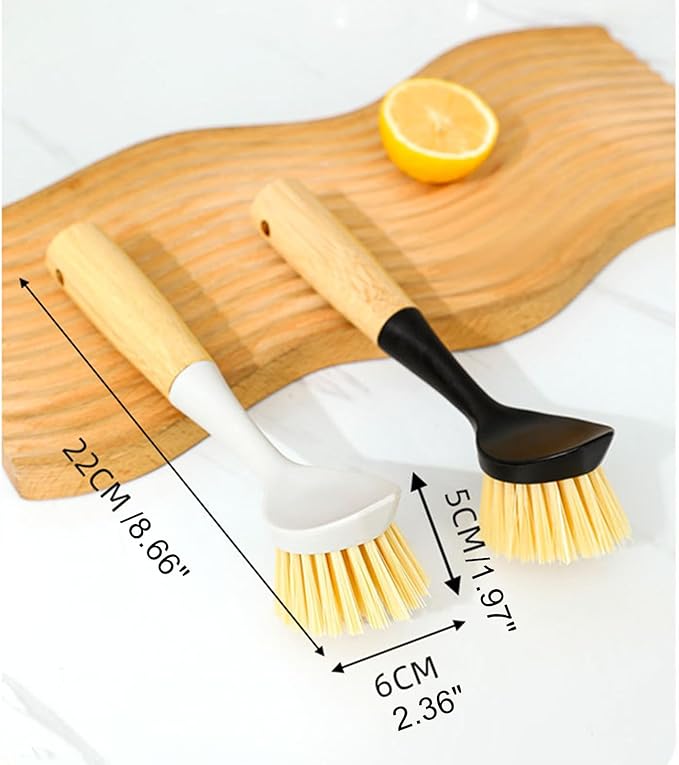 2 Pack Kitchen Dish Brush Grill Brush+Reusable Rubber Gloves,Kitchen Cleaning Sets,Long Dish Scrubber Built-in Scraper,Scrub Brushes for Pans Pots Sink,Range Hood (White&Black) Pre-Christmas Clean