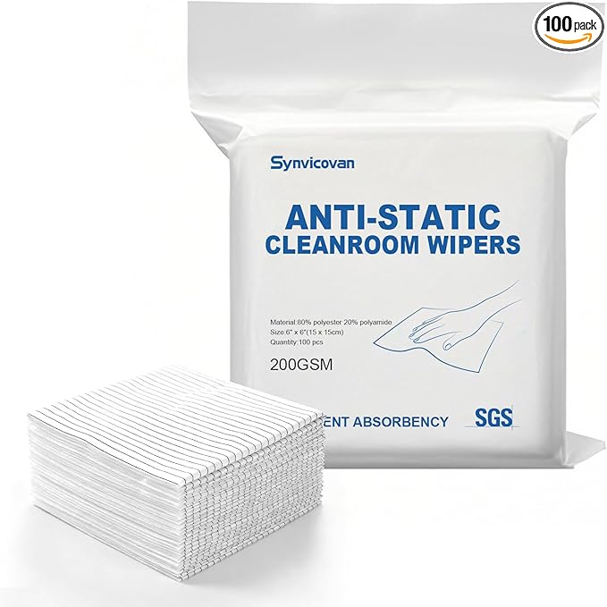 Anti-Static Microfiber Wipes 6"x6"(100 Pcs,Class 100, 200GSM) Lint Free Cloths Reusable Special ESD protection design is suitable for protecting sensitive electronic components and tools