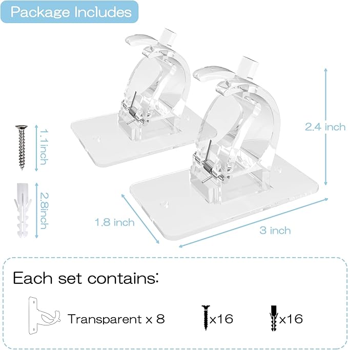 8PCS No Drill Curtain Rod Brackets, Self-Adhesive, Universal, Plastic & Stainless Steel, Wall Mount, Transparent
