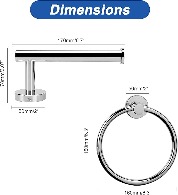 NearMoon 2 Pieces Bathroom Hardware Accessories, Towel Ring and Toilet Paper Holder- Stainless Steel Bath Towel Hanger and Hand Towel Holder, Wall Mounted (Chrome Finish)