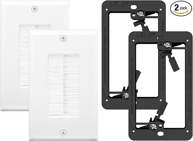 VCE Brush Wall Plate Cable Pass Through with Bracket, Decorator Cover for Low Voltage Cables - White, 2-Pack
