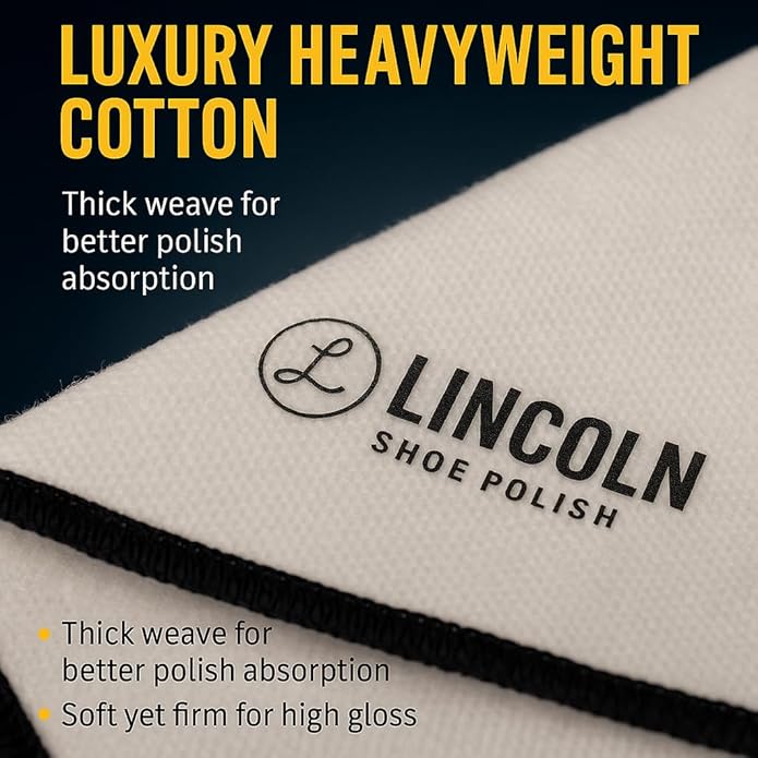Lincoln Shoe Polish 4-Pack Shoe Shine Cloths – Heavyweight 14×14 Premium Cotton Polish & Buffing Cloth for Shoes, Leather, Boots – Reusable, Stitched Edges for Mirror Finish