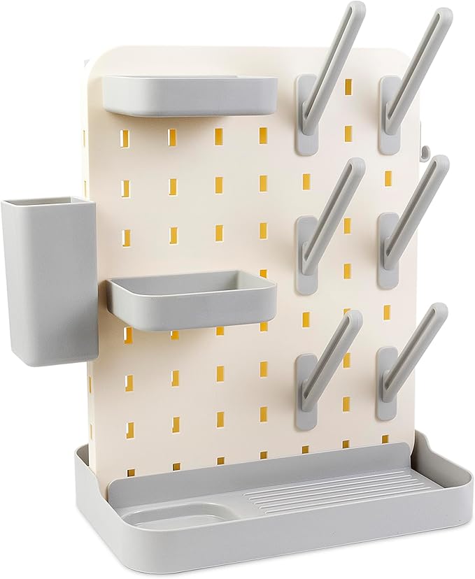 Baby Bottle Drying Rack Space Saving Countertop Vertical Rack with Brushes Holder (Gray)