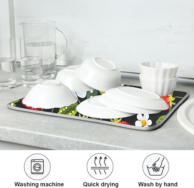 Strawberries White Flowers Dish Drying Mat for Kitchen Counter Absorbent Microfiber Drying Pad, Large 18x24 in, Reversible Drainer Mats