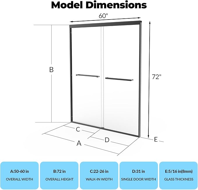 Sliding Shower Door 50-60" Adjustable Width x 72" Height, Bypass Space-Saving Design, Dual 8mm (5/16") Tempered Glass Panels with Matte Black Aluminum Alloy Frame, Easy Installation
