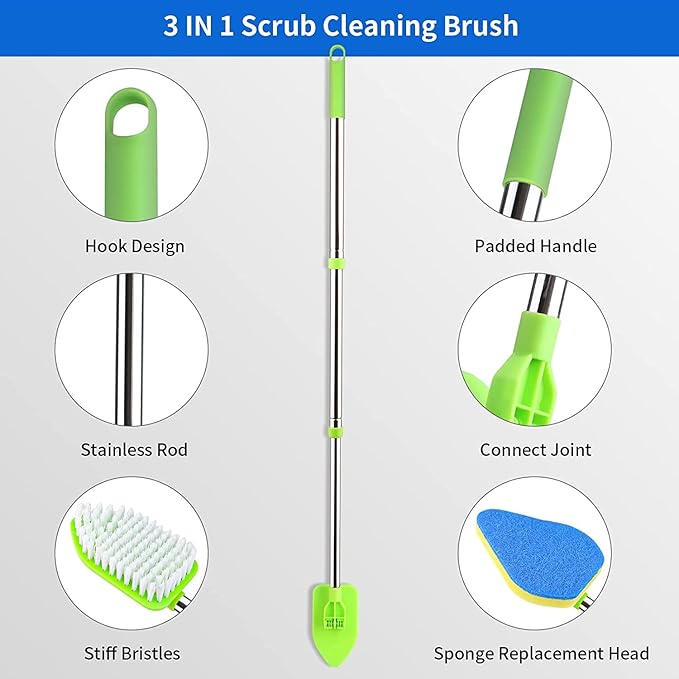 3 in 1 Scrub Cleaning Brush with Long Handle 37'', Floor Scrubber Brush Set with 1 Stiff Bristles and 3 Sponge Brush for Cleaning Bathtub Shower