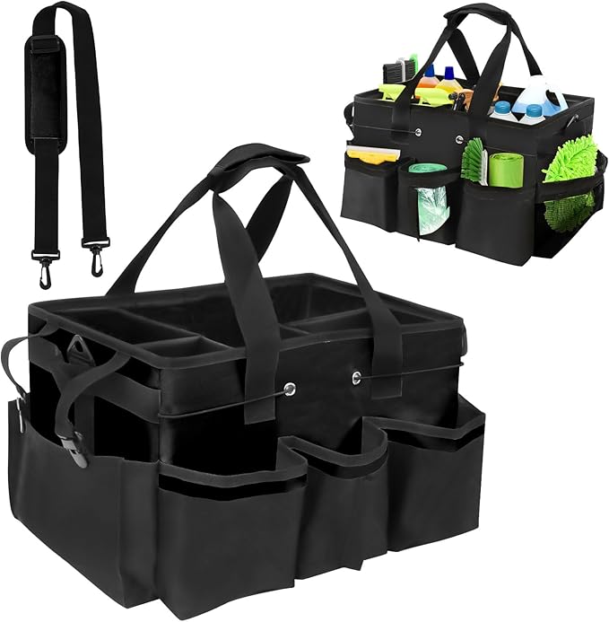 Wearable Cleaning Caddy Organizer with Handle & Shoulder Straps for Cleaners, 5 Compartments, Housekeeping Tote for Kitchen & Bathroom, Car Tool Caddy Organizer Bag (black)