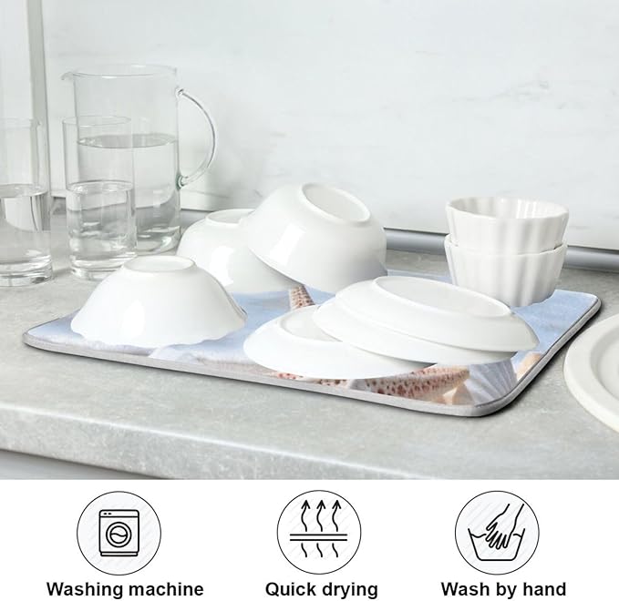 Starfishes Beach Seashells Dish Drying Mat for Kitchen Counter Absorbent Microfiber Drying Pad, Medium 16x18 in