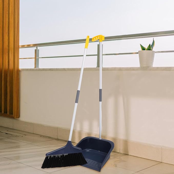 Stand Up Dustpan and Broom Set - Long Handle Broom with Upright Standing Dust Pan - Angled for Indoor Outdoor Home Kitchen Office Floor Cleaning (Blue)