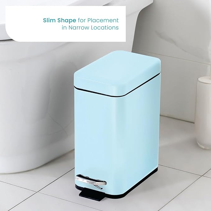 Home Zone Living 3-Pack 1.3 Gallon Small Poweder Blue Bathroom Trash Can with Lid and Step Pedal, Stainless Steel Wastebasket with Slim Design for Home and Office, 5 Liters