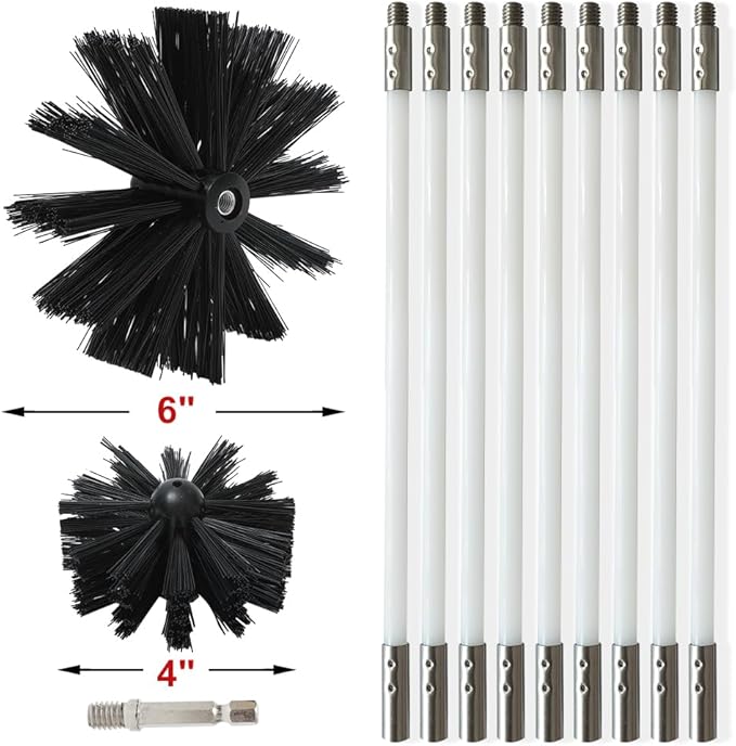 Particle Furnace Cleaning Brush, 4"/6" Brush,Chimney Brush,Dryer Vent Cleaner Kit,Flexible Rods (15PcsRods+1Pcs 4"+1Pcs 6" Brush)
