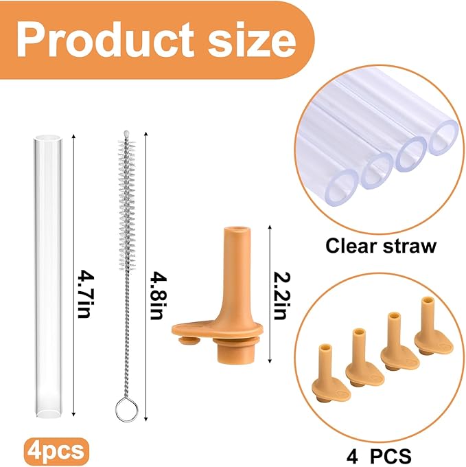 XANGNIER Replacement Straws and Bite Valve Compatible with Zak Designs Kelso 15 oz Tumbler Water Bottle,4 Pcs Silicone Straws with Cleaning Brush for Zak Designs Kelso 12 oz Cups,Deep Orange