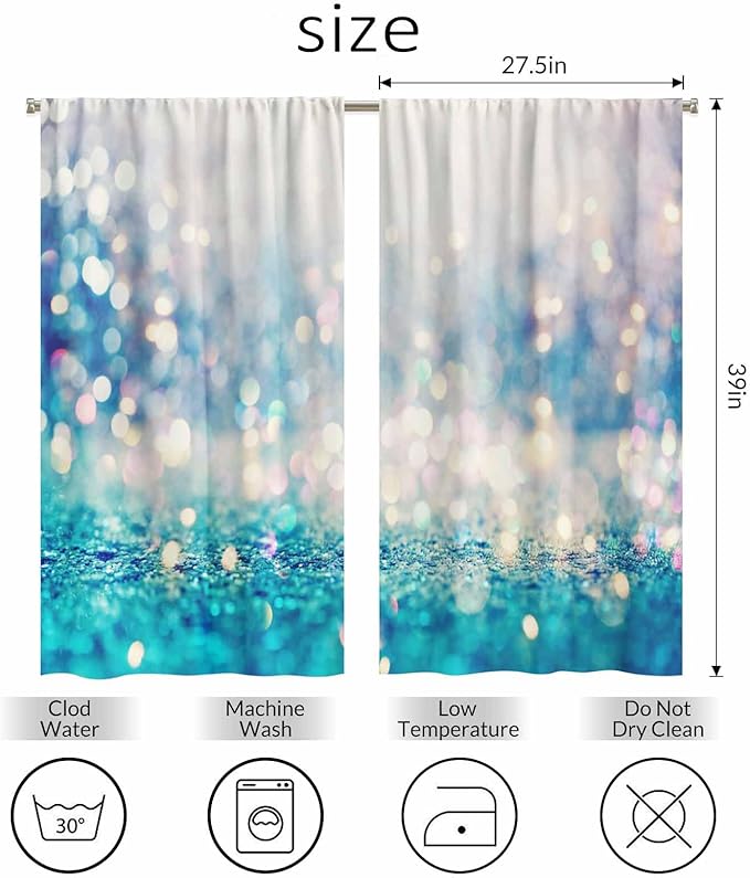 Blue Glitter Pattern Kitchen Curtains Beautiful Abstract Shiny Light Blur Bokeh Short Tier Curtains for Bathroom Cafe Small Window Drapes Treatment 2 Panels (27.5x39 Inch)